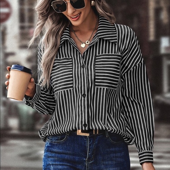 Tops - Classy Elegant Oversized Stripe Button Down Top Blouse Shirt